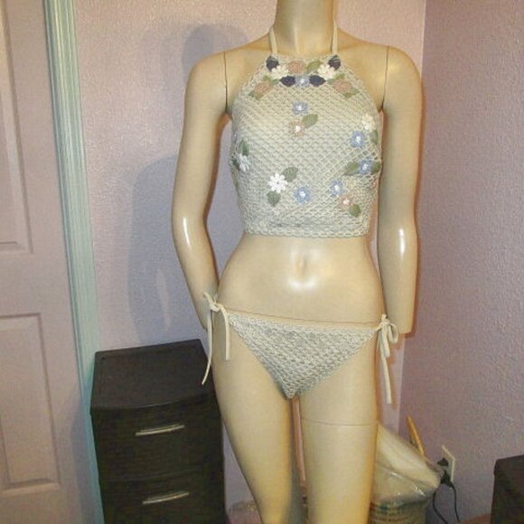 Aerie Crochet String Bikini Size S M Swimsuit Embroidered 2 Piece Fishnet NEW - Picture 1 of 10
